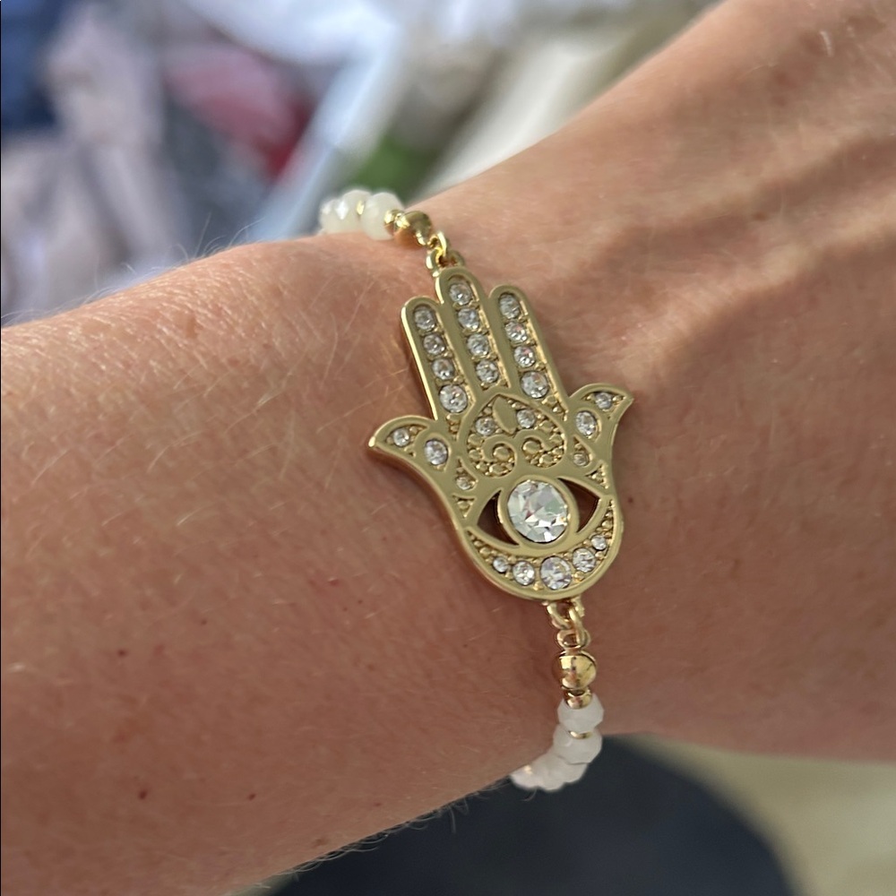 Gold Tone Hamsa Bracelet with White Beads and Clear crystals bling